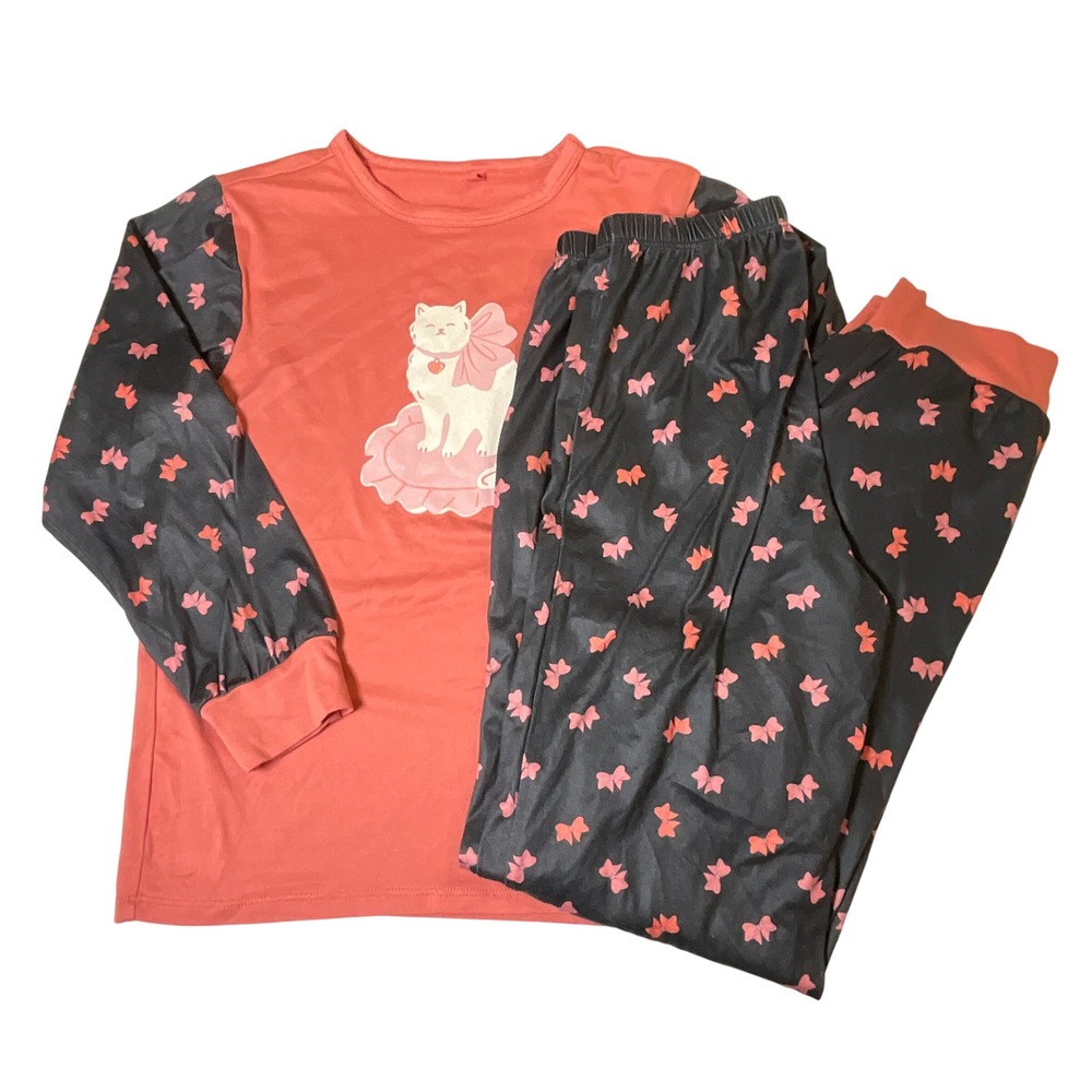 Catherine Malandrino Kids Pajama Set Size 14/16‎ Cat Bows Orange Black